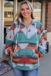 Geometric Half-Zip Drawstring Hoodie Multicolor OutfitFlow
