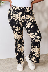 Heimish Full Size High Waist Floral Flare Pants Black Taupe OutfitFlow
