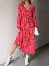 Printed V-Neck Balloon Sleeve Dress Hot Pink OutfitFlow