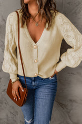 Openwork V-Neck Button Up Cardigan Cream OutfitFlow