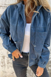 Pocketed Zip Up Long Sleeve Hooded Jacket Dusty Blue OutfitFlow