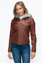 YMI Faux Layered Double-Zipper Jacket with Fuzzy Hood Brandy OutfitFlow