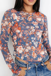 Floral Round Neck Long Sleeve T-Shirt Mauve OutfitFlow