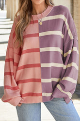 Contrast Striped Long Sleeve Sweatshirt Dusty Pink OutfitFlow