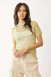 Davi & Dani Checker Board Printed Mesh Short Sleeve Top YELLOW MINT OutfitFlow