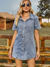 Button Up Short Sleeve Mini Denim Dress Dusty Blue OutfitFlow