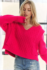 ADORA Ruffle Detail Adorable Sweater HOT PINK OutfitFlow