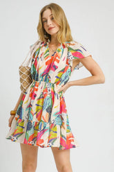 Umgee Printed Tie Neck Ruffled Hem Dress Orange OutfitFlow