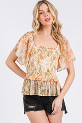 Mittoshop Floral Chiffon Smocked Square Neck Peplum Top ORANGE MULTI OutfitFlow