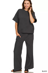 Zenana Ribbed Round Neck Tee & Pants Set BLACK OutfitFlow