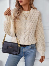 Cable-Knit Round Neck Long Sleeve Sweater Tan OutfitFlow