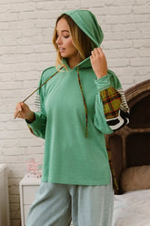 BiBi Plaid With Stripes Mix Match French Terry Hoodie DUSTY TEAL LT OLIVE OutfitFlow