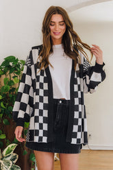 Annie Wear Checkered Open Front Drop Shoulder Cardigan Black OutfitFlow