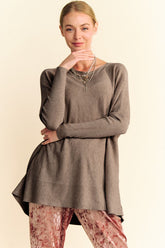 Davi & Dani Round Neck Dropped Shoulder Long Sleeve Knit Top Coffee Brown OutfitFlow