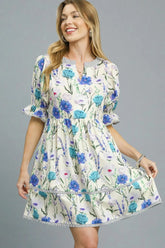 Umgee BabyDoll Floral Striped Hem Mini Dress Pastel Blue OutfitFlow