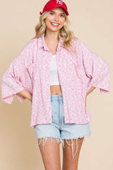 Culture Code Button Up Drop Shoulder Slit Shirt FLAMINGO PINK OutfitFlow