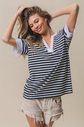 BiBi Contrast Striped Notched Knit Top Black Ivory OutfitFlow