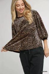 Umgee Leopard Round Neck Three-Quarter Sleeve Blouse Brown OutfitFlow