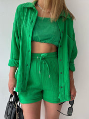 Texture Button Up Shirt and Drawstring Shorts Set Green OutfitFlow