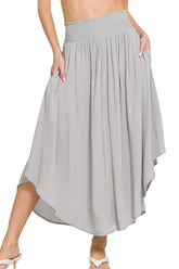 Zenana Woven Crinkle Smocked Waist Maxi Skirt W Pockets LT GREY OutfitFlow