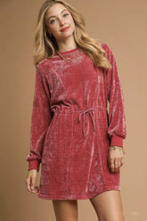 Umgee Velour Drawstring Mini Dress with Long Sleeves BURGUNDY OutfitFlow