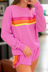 Full Size Contrast Striped Round Neck Top and Shorts Set Fuchsia Pink OutfitFlow