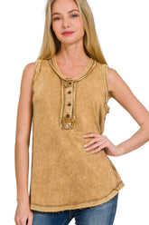 Zenana Washed Half-button Raw Edge Sleeveless Henley Top DK CAMEL OutfitFlow