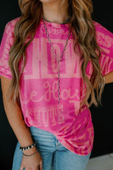 Letter Printed Round Neck Short Sleeve T-Shirt Hot Pink OutfitFlow
