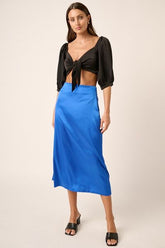 Mittoshop Side Slit Satin Midi Skirt Sapphire OutfitFlow