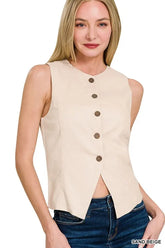 Zenana Linen Button Down Vest SAND BEIGE OutfitFlow