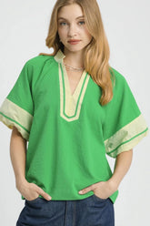 Umgee Contrast Trim Notched Puff Sleeve Blouse Green OutfitFlow