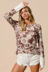 BiBi Flower Printed Waffle Thumb Opening Top MOCHA OutfitFlow