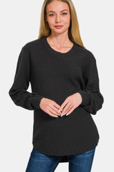 Zenana Full Size Round Neck Long Sleeve Curved Hem Sweater Black OutfitFlow