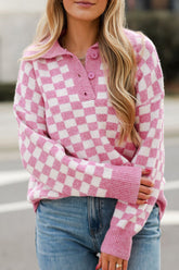 Checkered Collared Neck Long Sleeve Sweater Blush Pink OutfitFlow