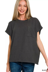Zenana Raised Rib Front Pocket Boxy Top BLACK Trendsi