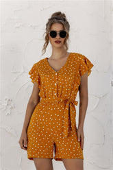 Ruffled Polka Dot Half Button Romper Mustard OutfitFlow