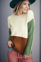 Color Block Round Neck Long Sleeve Sweater Gum Leaf OutfitFlow