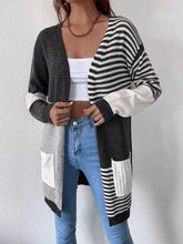 Striped Color Block Open Front Cardigan Dark Gray Trendsi
