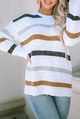 Striped Round Neck Dropped Shoulder Sweater White OutfitFlow