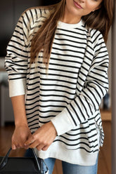 Slit Striped Round Neck Long Sleeve Sweatshirt Stripe OutfitFlow