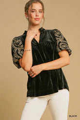 Umgee Full Size Velvet Embroidered Sleeve Blouse Plus Size Black OutfitFlow