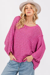 SAGE + FIG Distressed Asymmetrical Open Stitch Sweater Magenta OutfitFlow