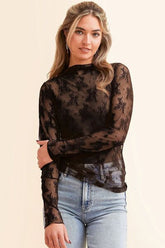 Mock Neck Long Sleeve Sheer Top Black OutfitFlow