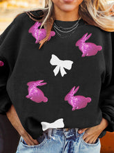 Sequin Bunny Bow Easter Corded Rib Sweatshirt Black OutfitFlow