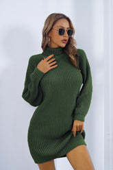 Buttoned Turtleneck Long Sleeve Sweater Dress Green OutfitFlow