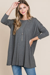 BOMBOM Round Neck Long Sleeve Oversized Top Charcoal OutfitFlow