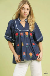 Umgee Embroidered Floral Puff Sleeve Top NAVY OutfitFlow