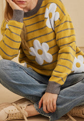 Flower Stripe Round Neck Long Sleeve Sweater Yellow OutfitFlow