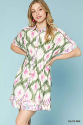 Umgee Ethnic Print Short Sleeve Mini Shirt Dress OLIVE MIX OutfitFlow