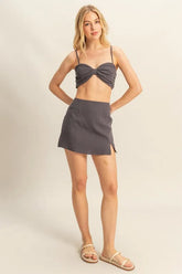 HYFVE Ruched Bra Top and Mini Skirt Set CHARCOAL OutfitFlow
